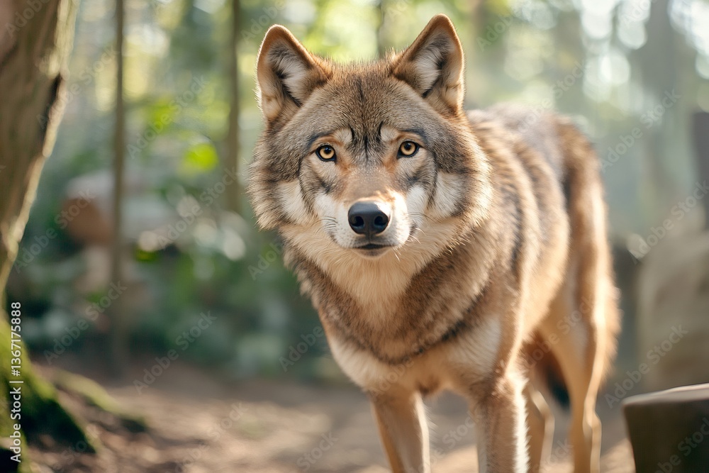 Naklejka premium Mexican gray wolf standing in the forest and looking forward