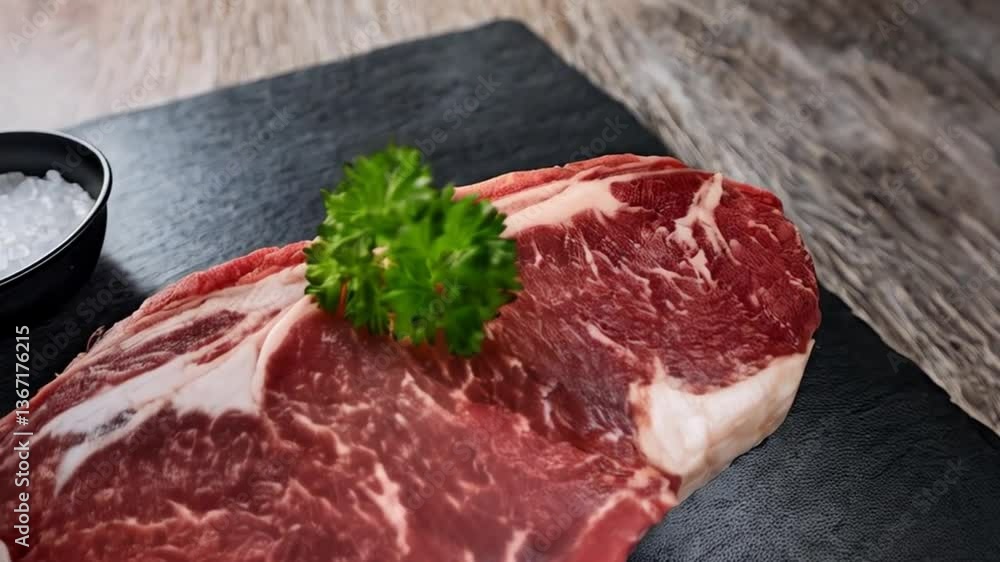 Raw Ribeye Steak on Slate Plate with Parsley Garnish Raw Ribeye Steak on Slate Plate with Parsley Garnish