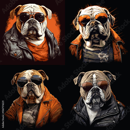 Stylish bulldog illustrations wearing sunglasses and leather jackets with cool street fashion vibes, ideal for t-shirt designs, posters, character art, and trendy animal-themed graphics.

