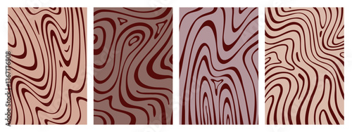 Psychedelic optical illusion wave pattern elements set - wavy lines backgrounds with hypnotic stripes and swirls. Abstract surreal warped warping effect vector illustration for graphic design.