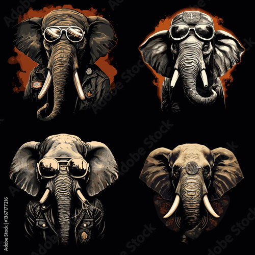 Cool elephant illustrations wearing sunglasses and leather jackets with bold urban style, perfect for t-shirt prints, street art, character design, and trendy animal-themed artwork.

