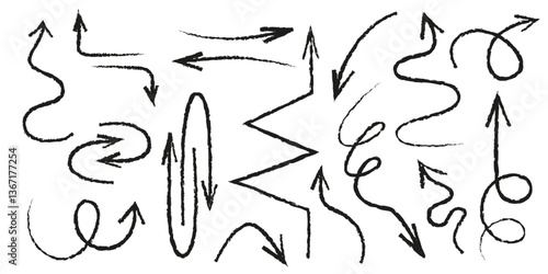 Handdrawn crayon arrows set - various curved, straight, twisted shapes with different thickness and direction. Freehand pointers, map indicators, grunge navigation symbols for ui, sign design.