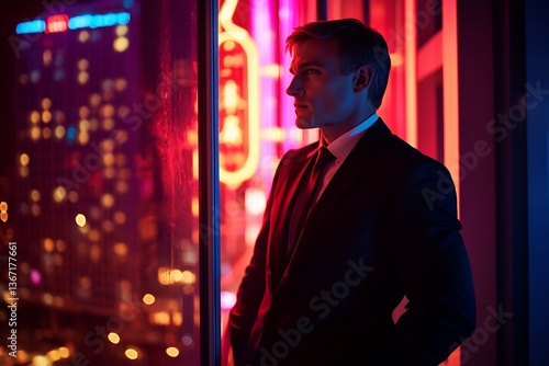 Obraz na płótnie Man in suit looking out city window at night. w salonie