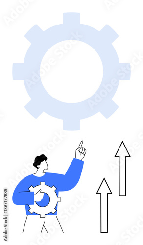 Man holds a gear while pointing upward, symbolizing innovation and development. Arrows indicate progress. Ideal for teamwork, leadership, productivity, growth, strategy, success and improvement