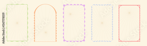 Rectangular and arch frames with decorative scalloped borders in pastel colors. Delicate wavy frilly edges and concentric lines pattern for elegant vintage labels or tags. Grooved vertical contours.