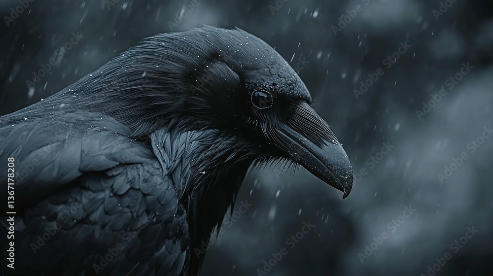 Naklejka premium Close-up of a raven in the rain.