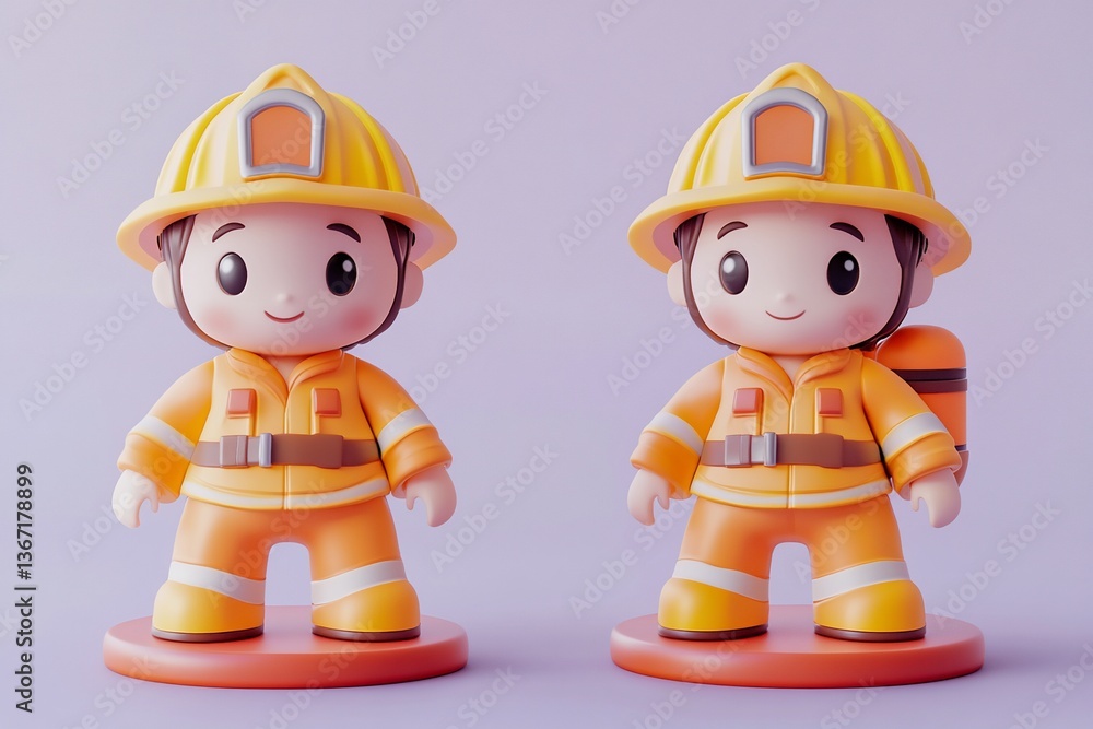 Two cute 3D rendered firefighter figurines. Two cute 3D rendered firefighter figurines.