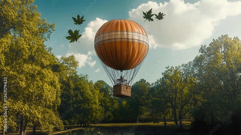 Fototapeta premium Colorful hot air balloon ascends into clear sky over lush green park during sunny afternoon