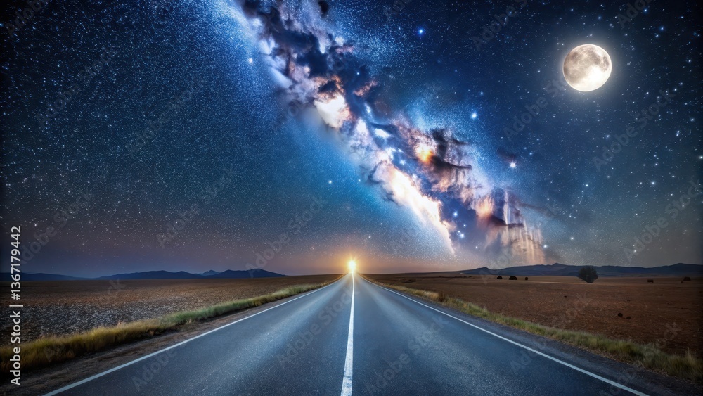 Fototapeta premium Endless Asphalt Under a Celestial Canvas A Nighttime Journey Towards the Radiant Milky Way and a Full Moon