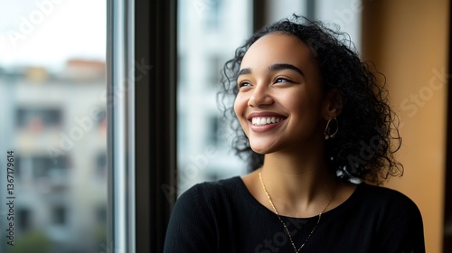 A radiant young woman with a bright, hopeful smile gazes out a window, embracing a feeling of optimism and inner peace; soft natural light illuminates her face against a blurred cityscape.