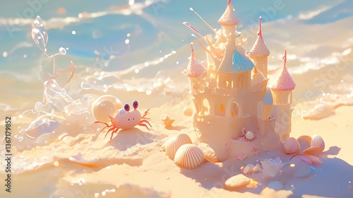 A whimsical sandcastle scene with a crab and seashells, perfect for summer vibes.
