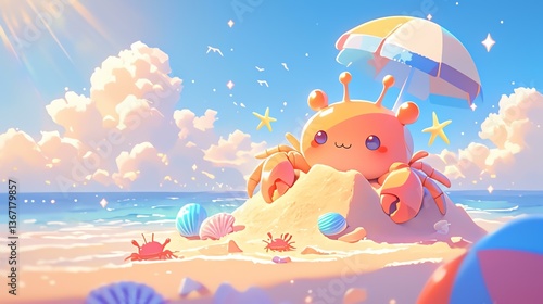 A cheerful cartoon crab enjoying a sunny beach day with colorful shells and an umbrella.