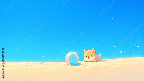 A playful dog enjoying a sunny day at the beach with a colorful ball.