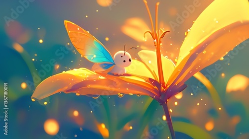A vibrant butterfly rests on a blooming flower, surrounded by soft glowing lights.