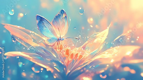 A delicate butterfly resting on a vibrant flower, surrounded by soft, dreamy colors.