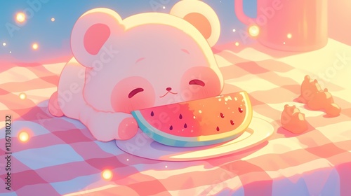 A cute, cartoonish bear enjoys a slice of juicy watermelon in a whimsical setting.