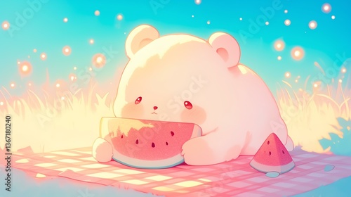 A cute bear enjoying watermelon on a sunny picnic day in a dreamy, colorful setting.