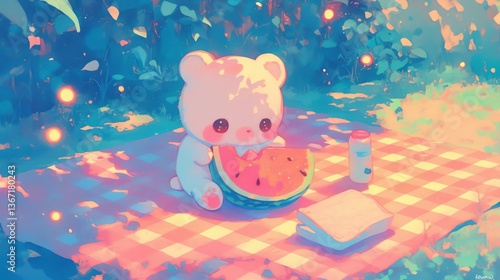 A cute bear character enjoying watermelon on a picnic blanket in a colorful setting.