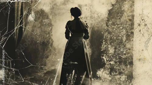 Antique faded photograph of a mysterious woman in a Victorian dress, vintage damaged historical aesthetic.