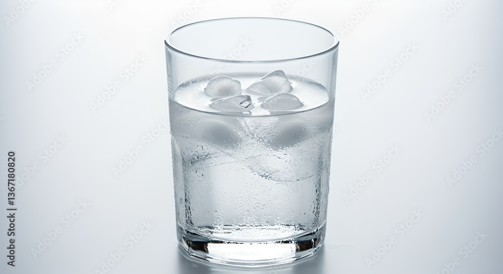 A glass filled with ice-cold water, with condensation on the glass and a few ice cubes floating inside, against a bright white background. A glass filled with ice-cold water, with condensation on the glass and a few ice cubes floating inside, against a bright white background.