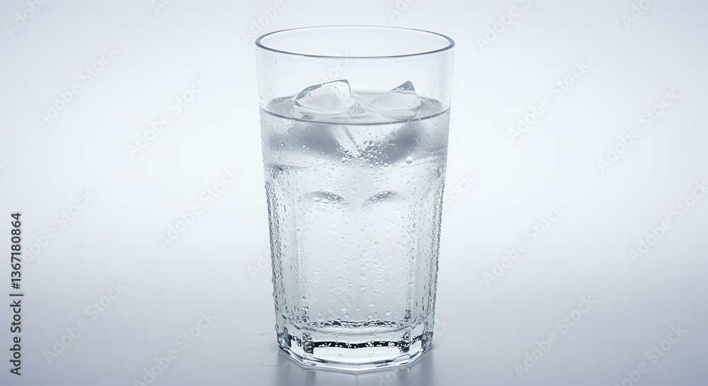 A glass filled with ice-cold water, with condensation on the glass and a few ice cubes floating inside, against a bright white background. A glass filled with ice-cold water, with condensation on the glass and a few ice cubes floating inside, against a bright white background.
