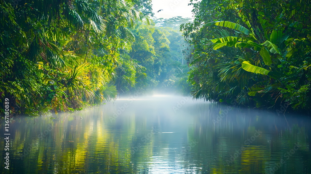 Fototapeta premium Tropical rainforest river surrounded by lush vegetation and fog