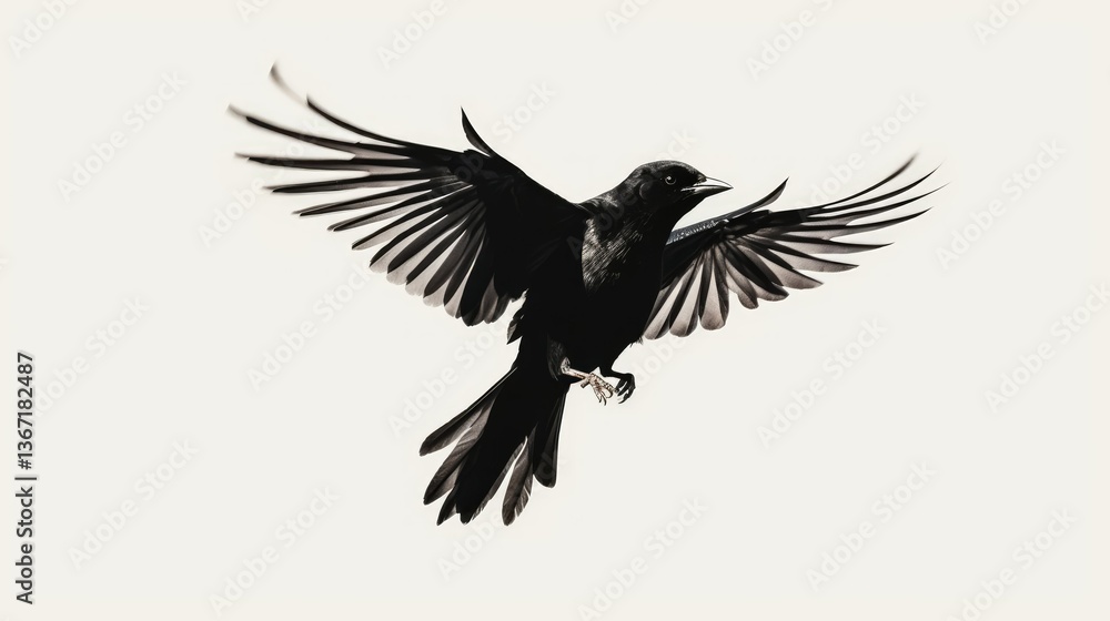 Fototapeta premium Elegant Black Bird Silhouette with Wings Spread on the gray color background 