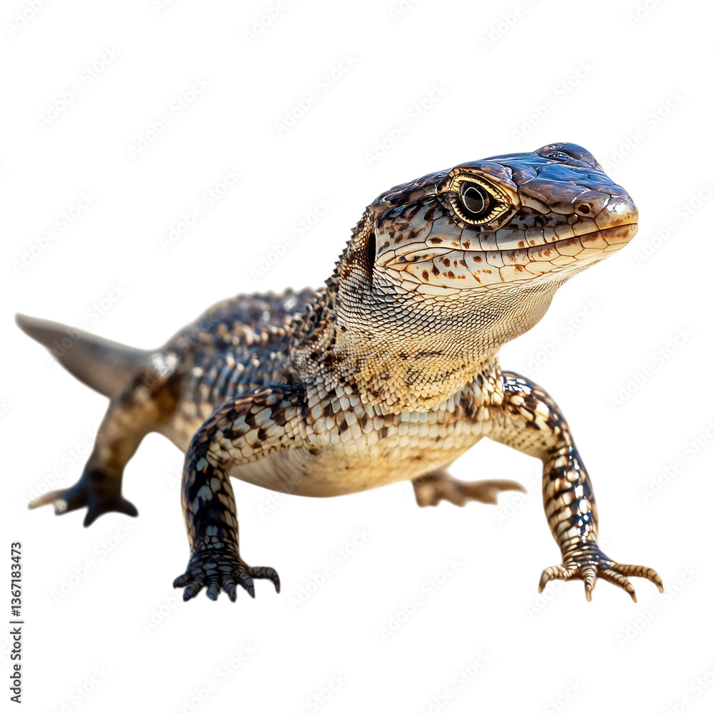 Naklejka premium Striking Alligator Lizard Moving Across Sand Isolated on Transparent Background