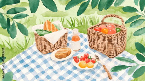 A watercolor illustration of a delightful picnic setup with baskets of food on a checkered blanket amidst lush greenery.