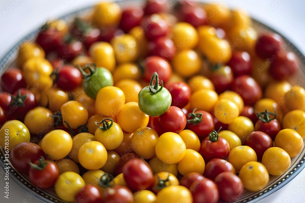 a plate filled with small yellow and red cherry tomatoes a plate filled with small yellow and red cherry tomatoes