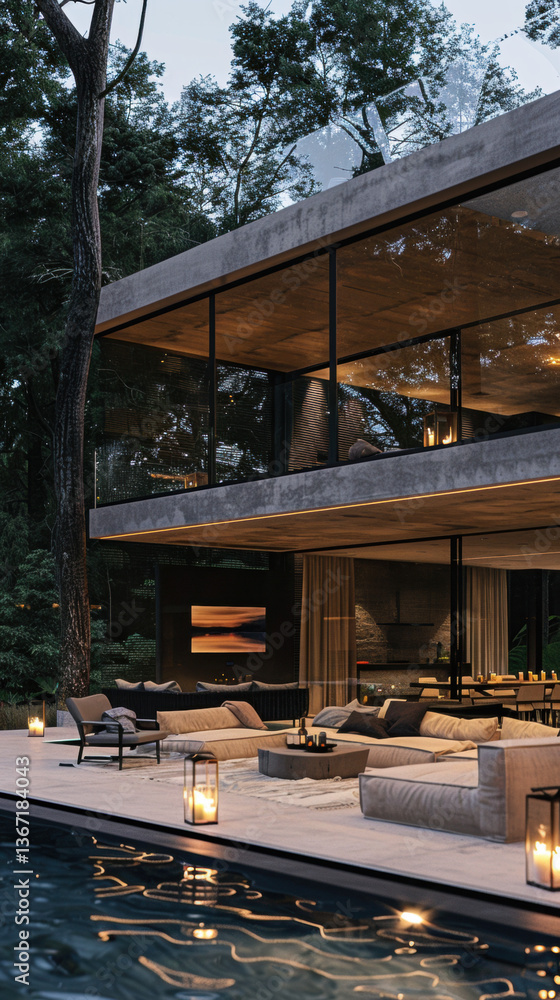 Obraz premium A scenic view of an old wooden house by the river, surrounded by a lush garden and trees, blending into the natural landscape with an Asian-inspired architectural design