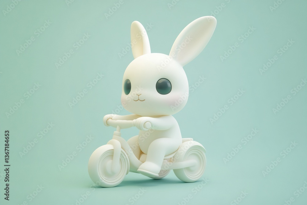 Obraz premium Cute white bunny rabbit riding a small bicycle on a light teal background.