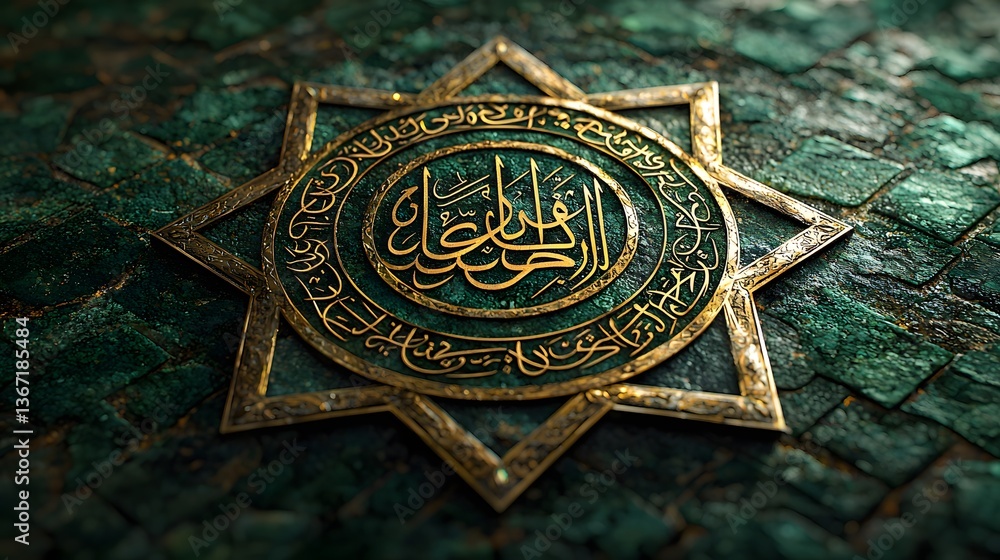 Obraz premium Ornate gold emblem on green stone mosaic