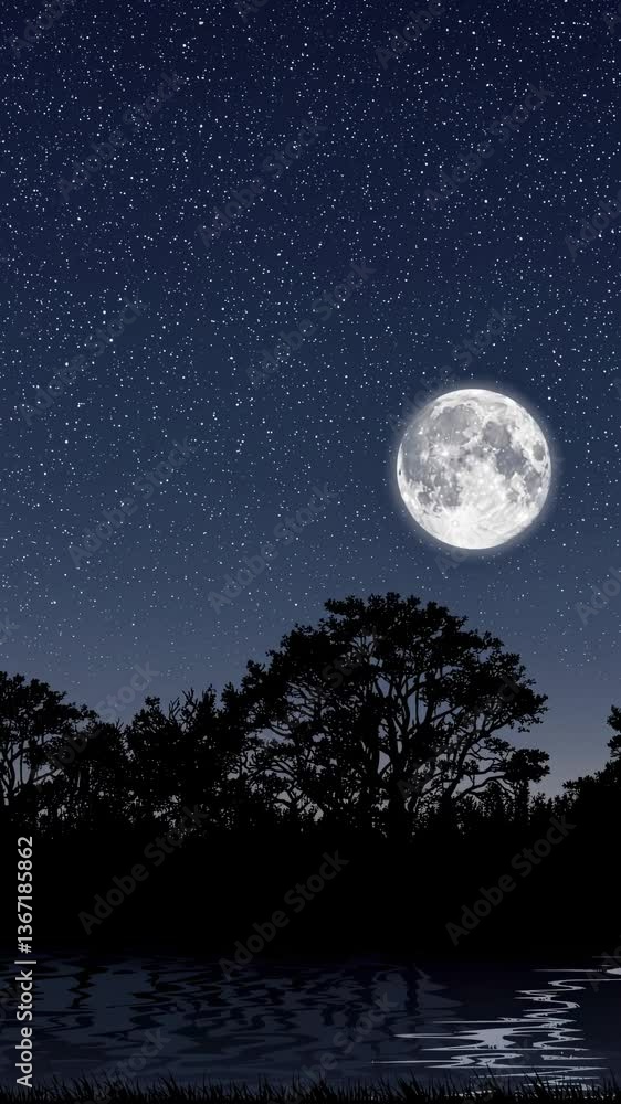 A serene night sky video with a full moon and stars above silhouetted trees, captured from a low angle, creating a tranquil, dreamlike atmosphere. Live mobile wallpaper. A serene night sky video with a full moon and stars above silhouetted trees, captured from a low angle, creating a tranquil, dreamlike atmosphere. Live mobile wallpaper.