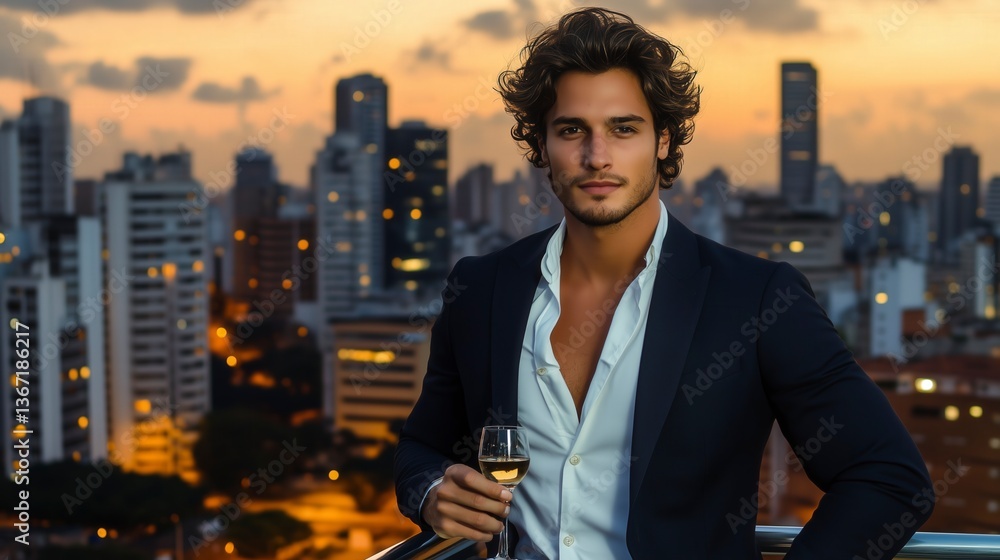 Strikingly handsome young Brazilian man in a sleek navy blazer, standing on a rooftop bar, holding a glass of wine with a confident smile as city lights sparkle behind him Strikingly handsome young Brazilian man in a sleek navy blazer, standing on a rooftop bar, holding a glass of wine with a confident smile as city lights sparkle behind him