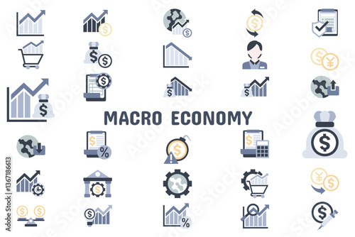 Macro Economy Flat Vector Illustration Icon Sticker Set Design Materials