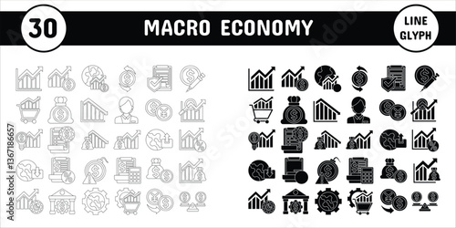 Macro Economy Line Glyph Vector Illustration Icon Sticker Set Design Materials