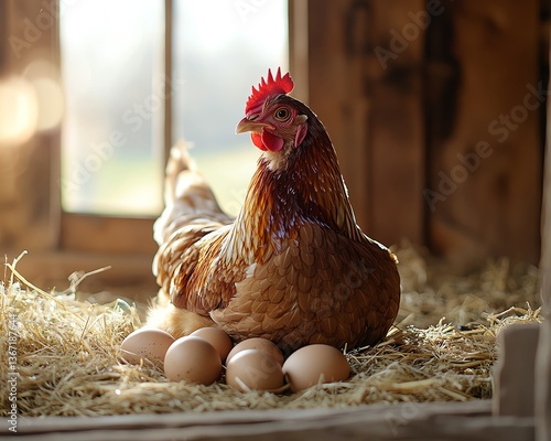 Brown hen resting on her eggs in a hayfilled chicken coop, rustic wooden interior, warm sunlight, peaceful farmyard setting, natural textures photo