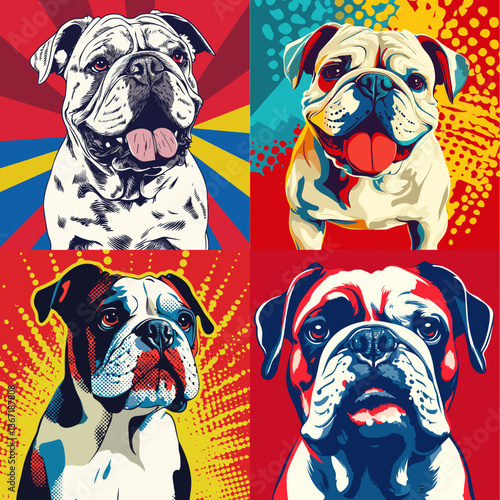Colorful pop art illustration of bulldogs in vibrant comic-style portraits, ideal for dog lovers, wall art, t-shirts, posters, and modern pet-themed graphic design.

