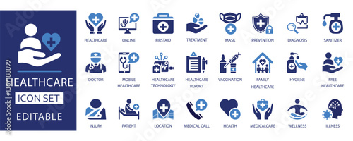 Healthcare icon set. Featuring flat vector icons. Includes treatment, vaccination, diagnosis, hygiene, wellness, and more. Perfect for medical apps, websites, infographics, and presentations.