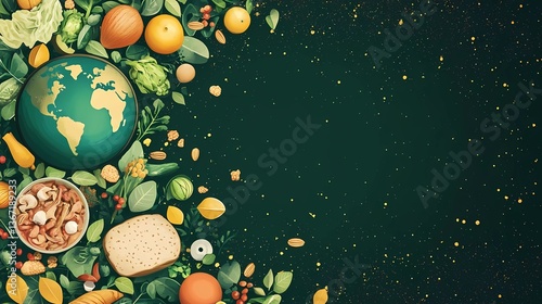 Stop Food Waste Day celebration in flat grunge style, showcasing a variety of elements like leftover food, recycling icons, and a globe, with a unique and harmonious color palette of greens, browns, a
