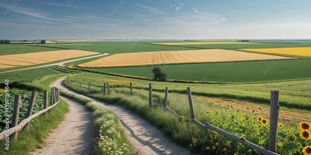 Naklejka premium Agricultural Land with Rotational Cropping and Scenic Pathway