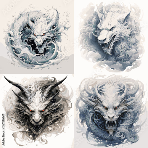 Dark fantasy creature illustrations featuring dragons, wolves, and beasts with intense expressions and smoky effects, ideal for tattoo art, mythology themes, and fantasy design projects