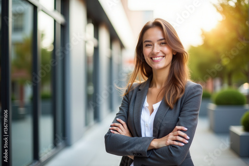 Free Download Portrait of a confident young entrepreneur smiling brightly while standing outdoors in a modern urban environment - GFXLoad