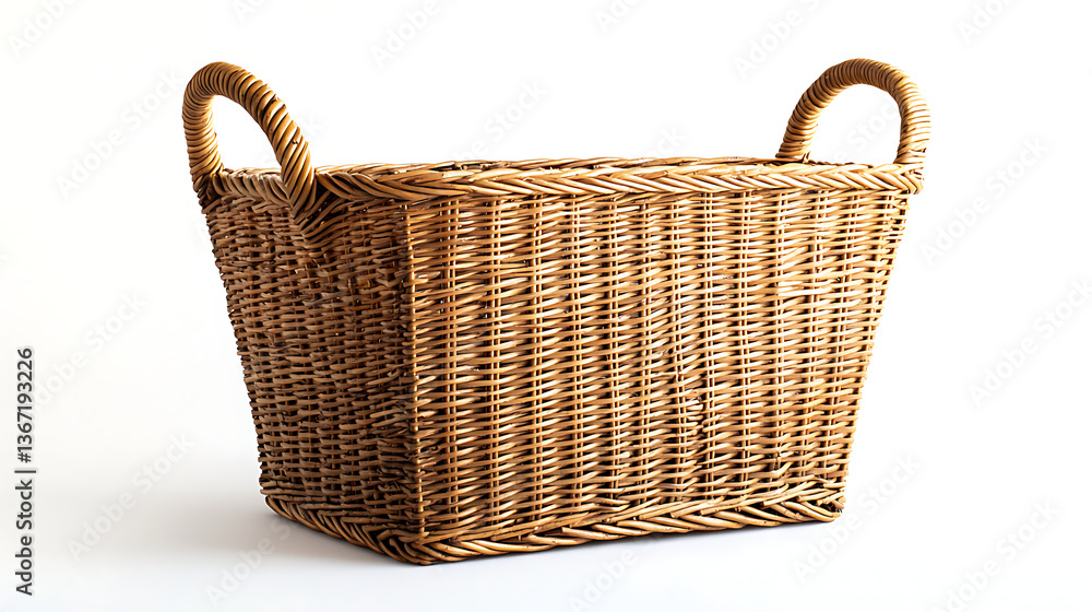 A basket made of wicker is sitting on a white background A basket made of wicker is sitting on a white background
