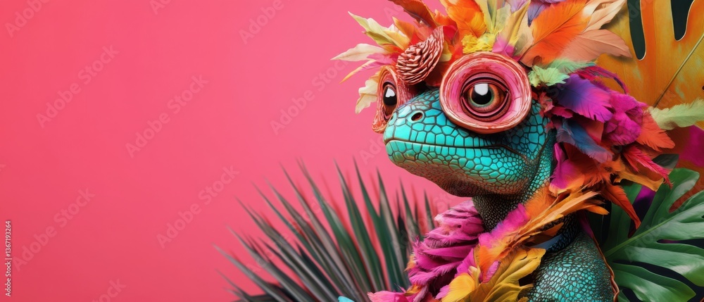 Colorful Chameleon with Feathers and Flowers on Pink Background Colorful Chameleon with Feathers and Flowers on Pink Background