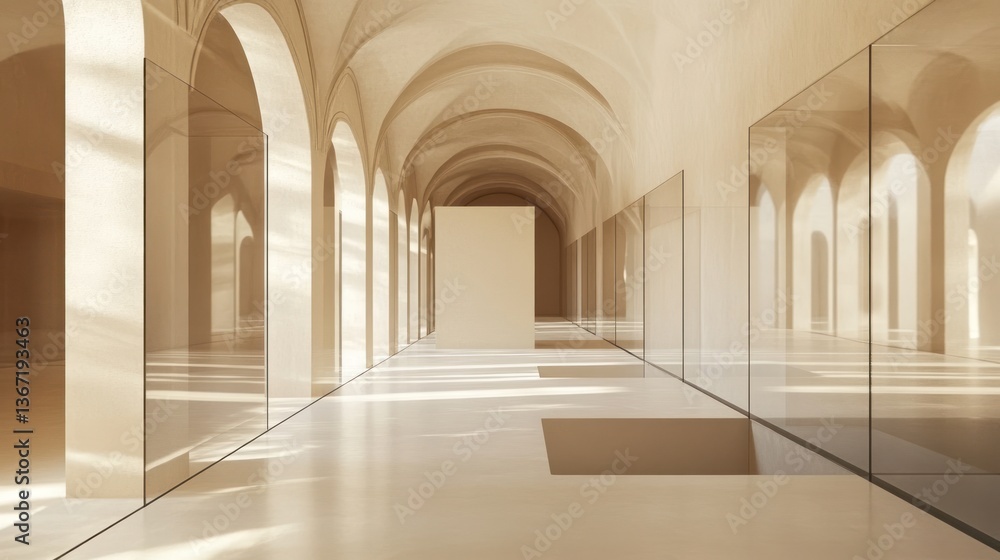 Architectural harmony, A corridor with arches, glass panels, and natural light Architectural harmony, A corridor with arches, glass panels, and natural light