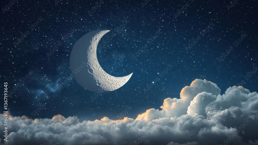 Crescent Moon Surrounded by Twinkling Stars and Soft Clouds Under a Night Sky Crescent Moon Surrounded by Twinkling Stars and Soft Clouds Under a Night Sky
