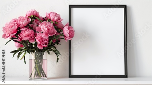 Fototapeta Naklejka Na Ścianę i Meble -  Home interior floral decor with pink peonies on shelf. Front view blank mock up of photo frame. 
