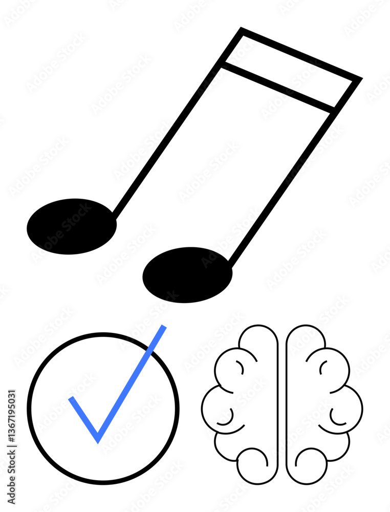 Musical notes paired with a brain and checkmark evoke creativity, mental focus, learning, and productivity. Ideal for education, memory, success, music, innovation self-improvement creativity in Musical notes paired with a brain and checkmark evoke creativity, mental focus, learning, and productivity. Ideal for education, memory, success, music, innovation self-improvement creativity in